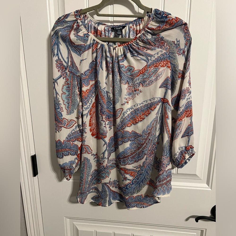 #3160. Chaps Women's 3/4 Sleeve Red/White/Blue Crepe Print Blouse. Size M